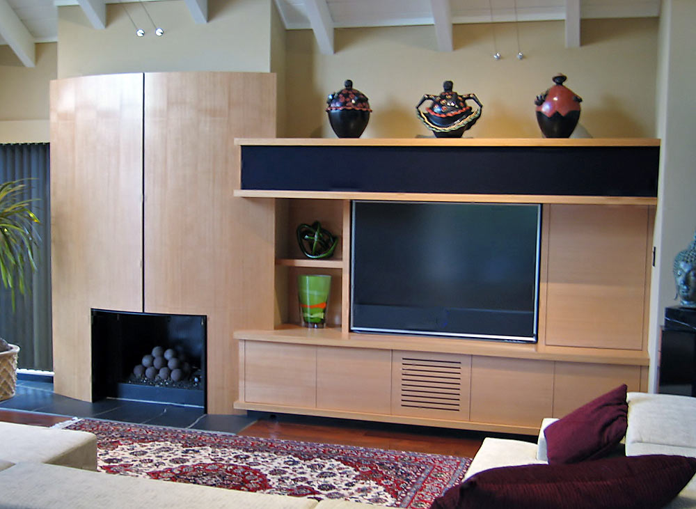 Sonoma TV Cabinet and Hearth - custom woodwork by Design in Wood, Petaluma, CA. Andrew Jacobson - (707) 765-9885