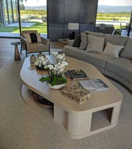 An organic but elegant coffee table in bleached white oak. Agins Interiors, designer