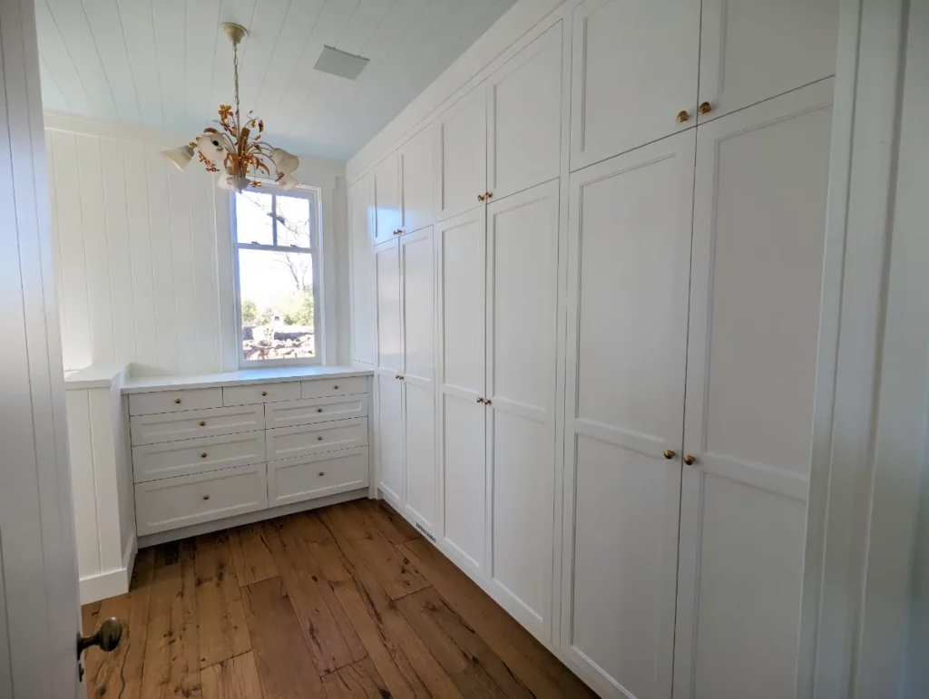 This dressing room is a perfect fit for this home's contemporary farmhouse esthetic. Design in Wood, Petaluma, CA