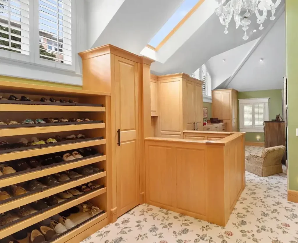 Custom closet woodwork in Sausalito dressing room. Design in Wood, Petaluma, CA