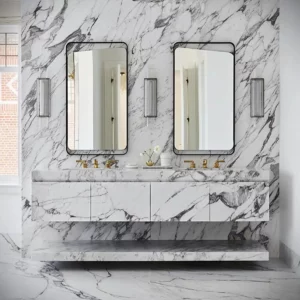 blackened steel and glass medicine cabinets to complement this striking marble Primary bath. Design in Wood, Petaluma, CA